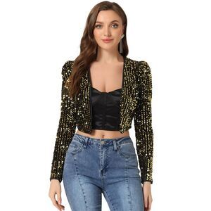 Sequin Shrug Open Front Collarless Party Glitter Sparkly Crop Jacket Black Gold